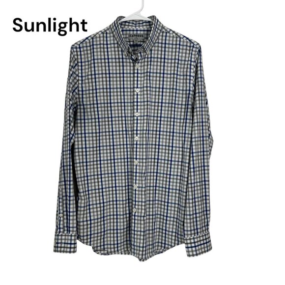 Express Mens Slim Fitted Plaid Button-Up Shirt S 14-14.5" Long Sleeve Blue/Gray - Picture 1 of 10